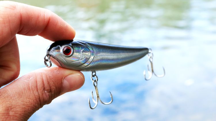 Closeup of a fishing lure with two hooks